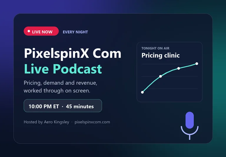 PixelspinX Com Live Podcast desk with pricing and revenue charts on screen